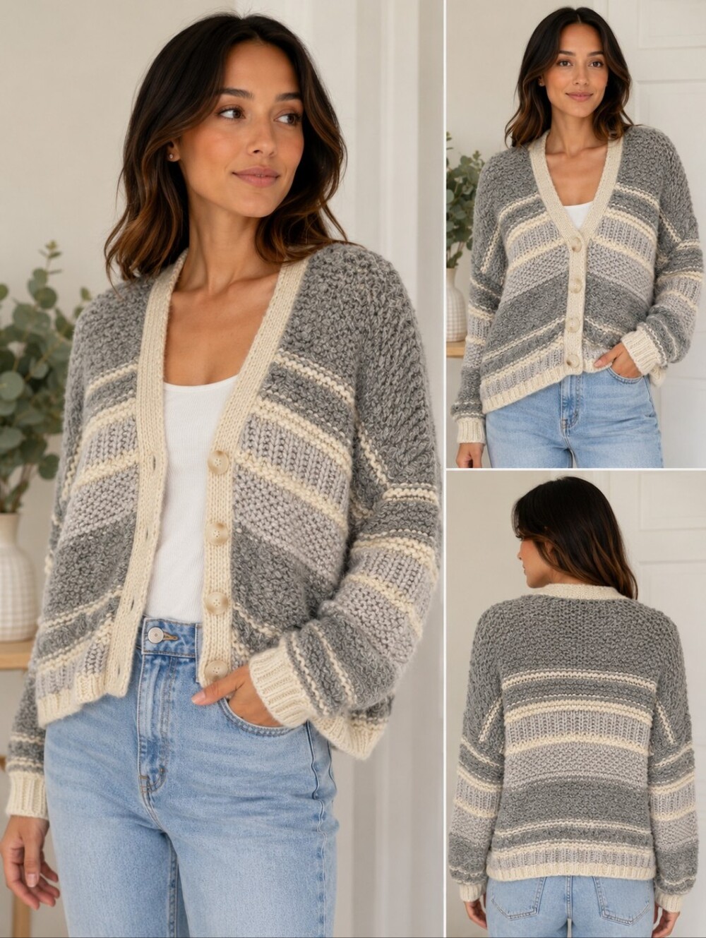 a.n.a. Chunky Cable Knit Cardigan Gray Striped Alpaca Wool Coastal Boho Pocket M